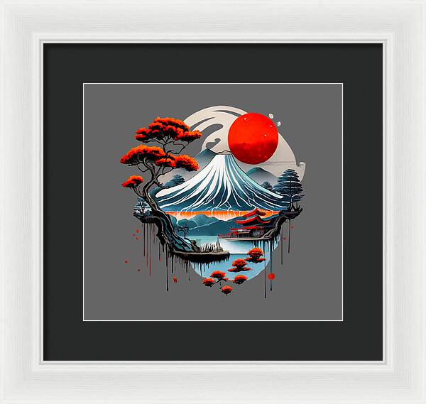 Framed Japanese landscape wall art with red sun, wave, trees; black mat, white frame