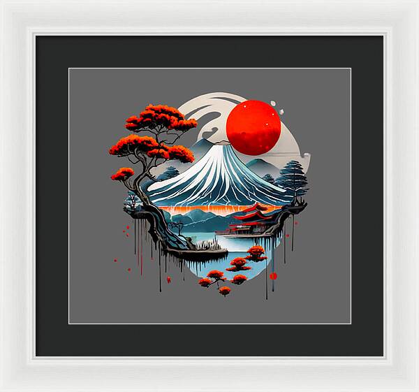 Framed Japanese landscape print with red sun over wave mountain scene, dark inner mat