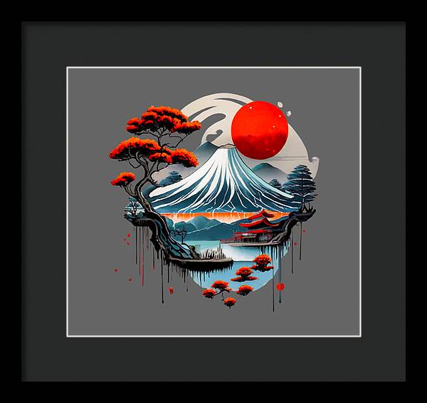 Framed Japanese landscape wall art with red sun, wave, trees; black frame