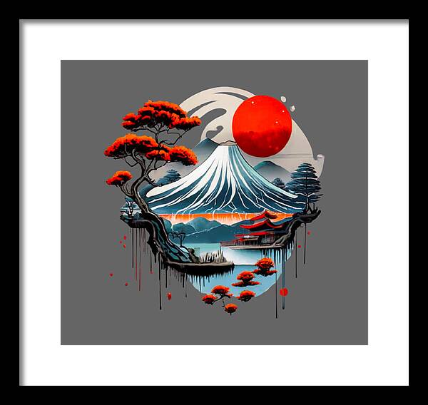 Framed Japanese landscape wall art with red sun, wave, trees; white inner border