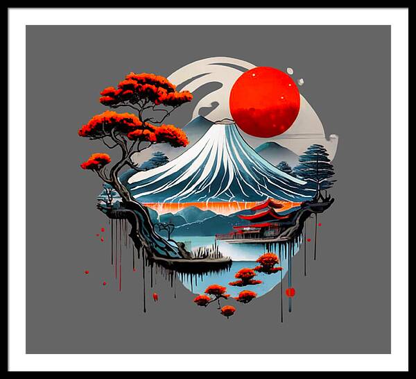 Framed Japanese landscape print with red sun and blue wave; white mat, dark frame