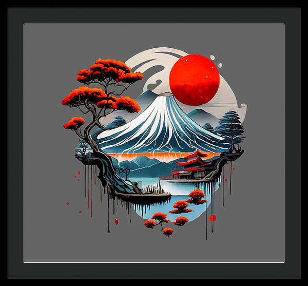 Framed Japanese landscape print with red sun and blue wave; dark frame and light inner mat