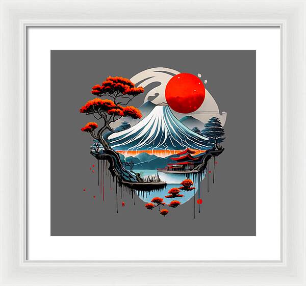 Framed Japanese landscape wall art with red sun, wave, trees; white frame