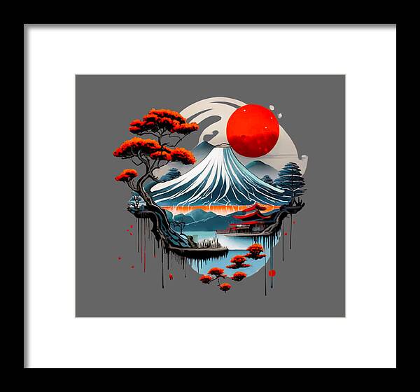 Framed Japanese landscape print with red sun, wave mountain, and red trees; dark frame