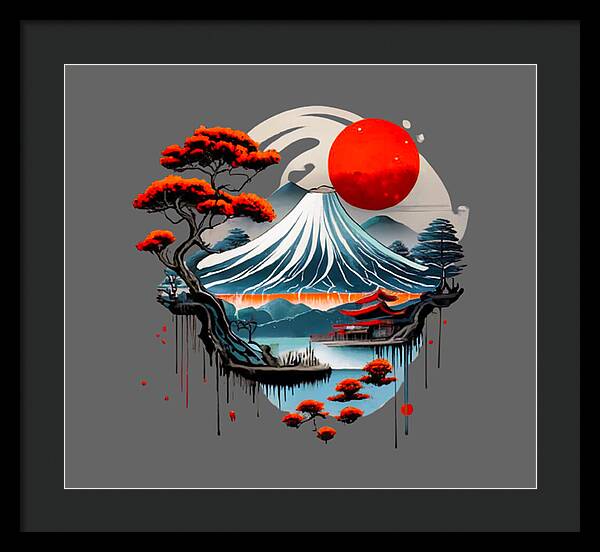 Framed Japanese landscape print with red sun over wave mountain scene, dark frame and mat
