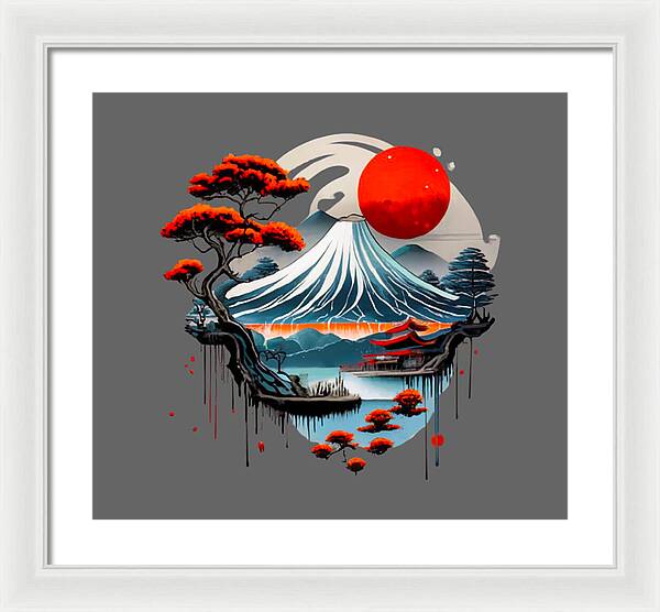 Framed Japanese landscape print with red sun over wave mountain scene, white frame, light mat
