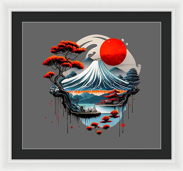 Framed Japanese landscape print with red sun and stylized blue wave; black inner mat, white frame