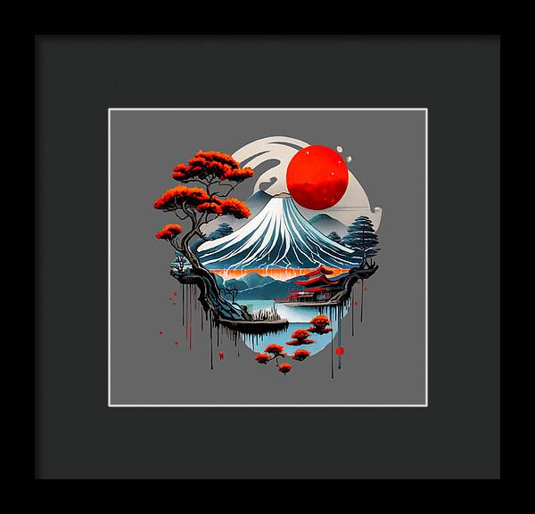 Framed Japanese landscape print with red sun, wave mountain, and red trees; dark frame