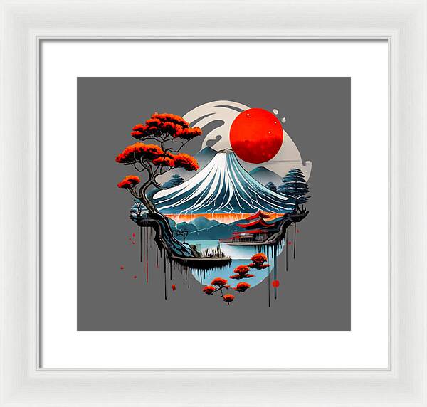 Framed Japanese landscape wall art with red sun, wave, trees; white frame