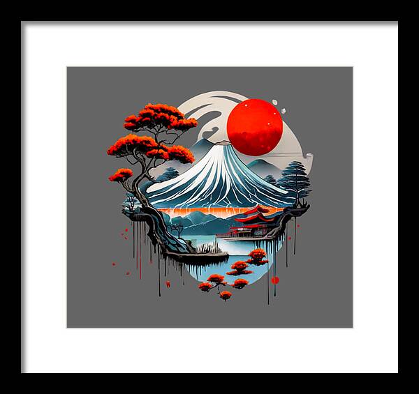 Framed Japanese landscape print with red sun, wave mountain, and red trees; white frame