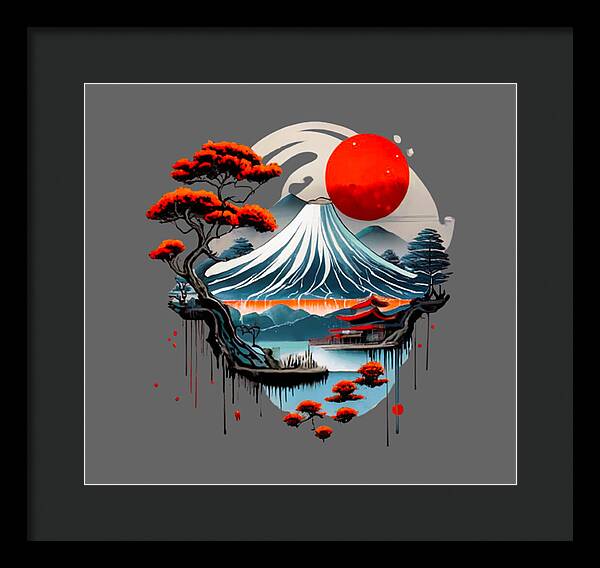 Framed Japanese landscape wall art with red sun, wave, trees; black outer frame