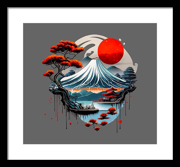 Framed Japanese landscape wall art with red sun, wave, trees; white frame