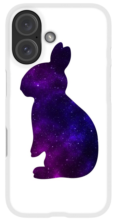 Phone case with white backing and purple galaxy rabbit silhouette, multi-lens camera cutout
