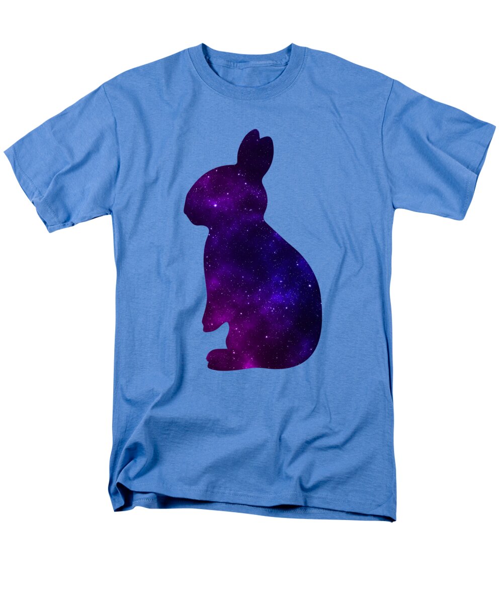 Light blue men’s t-shirt with purple galaxy rabbit silhouette graphic on the chest.