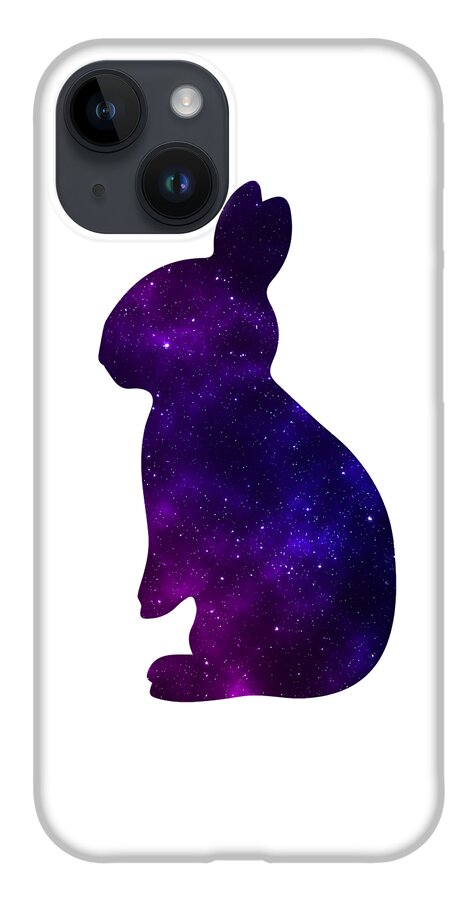 Phone case with purple galaxy rabbit silhouette, showing camera openings in a gray corner.