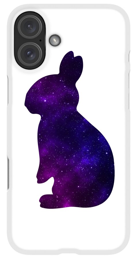 Phone case with white backing and purple galaxy rabbit silhouette, top-left multi-lens camera cutout