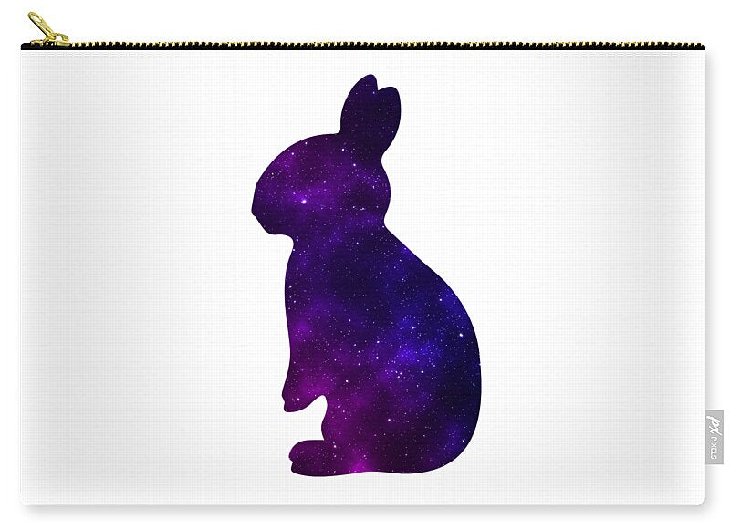 White zip pouch with purple galaxy rabbit silhouette and gold zipper along top