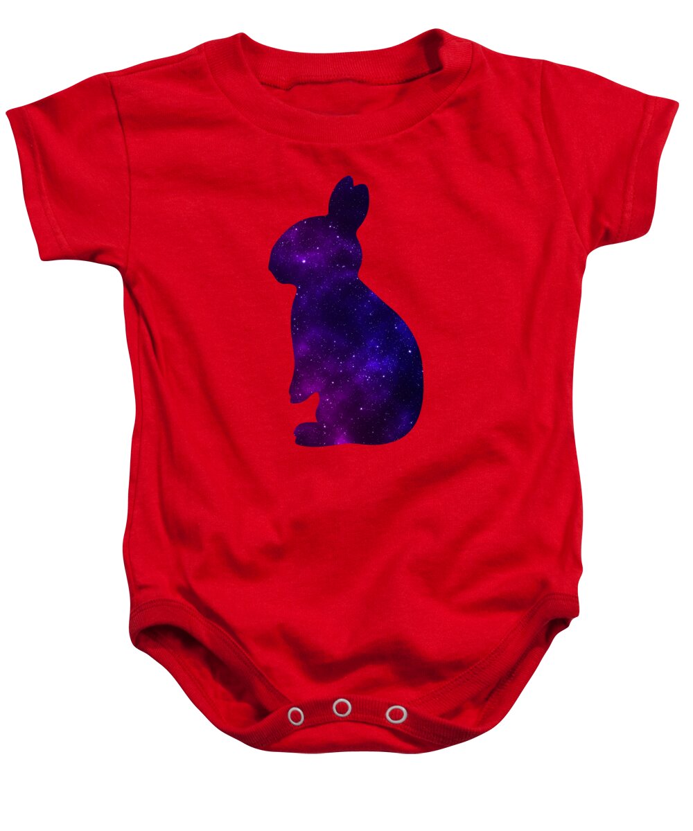 Red baby onesie with purple galaxy-style bunny graphic and snap button closure