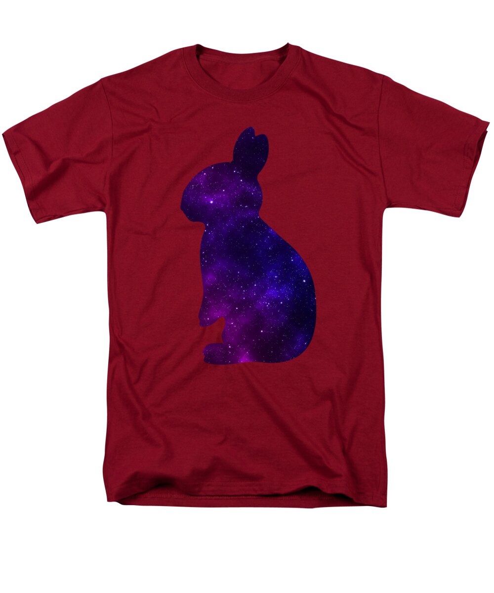 Red men’s t-shirt with purple galaxy rabbit silhouette graphic on the chest.