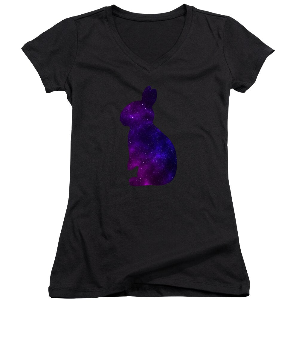 Black womens v-neck T-shirt with purple galaxy rabbit graphic