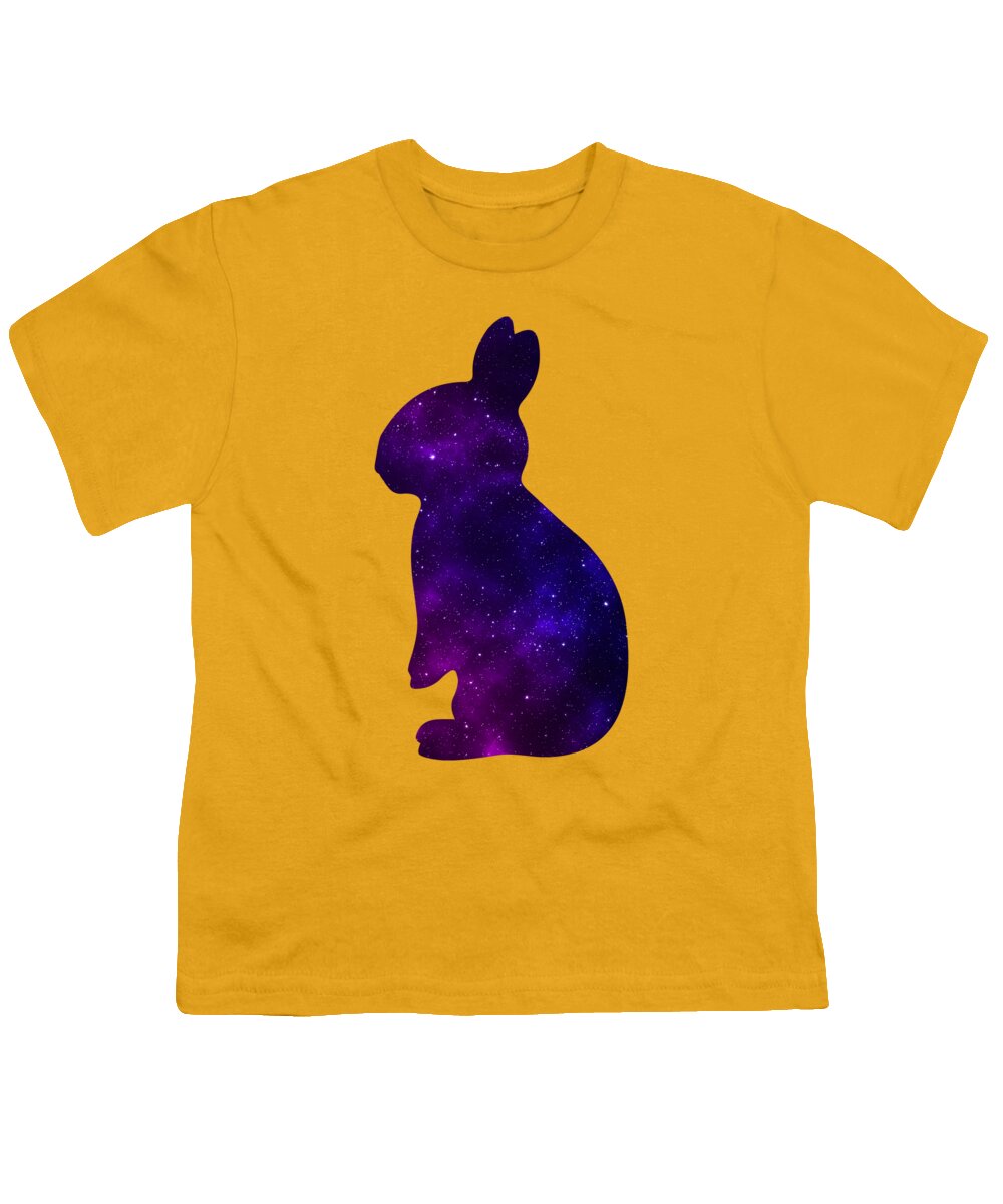 Yellow youth t-shirt with purple galaxy-style rabbit silhouette graphic on front