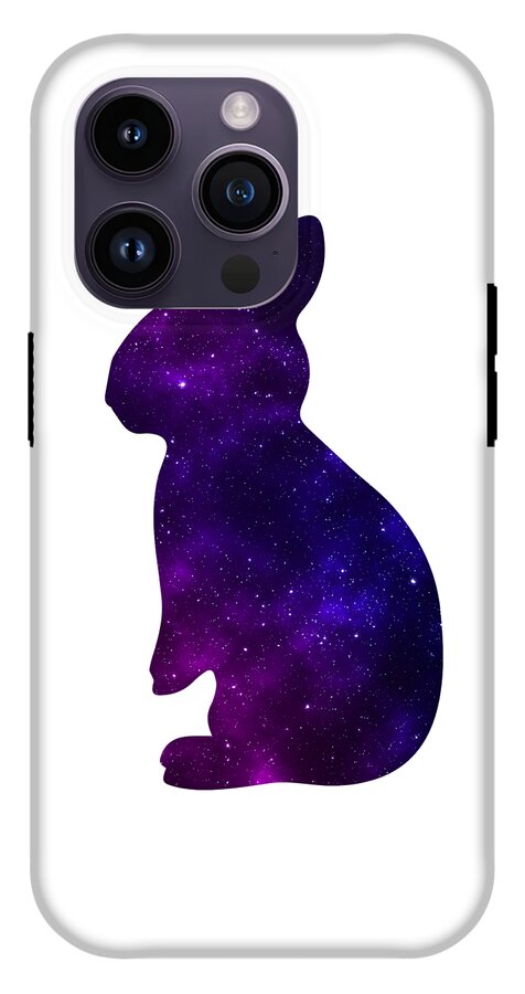 Phone case with purple galaxy rabbit silhouette, gray camera corner with multiple lens cutouts.
