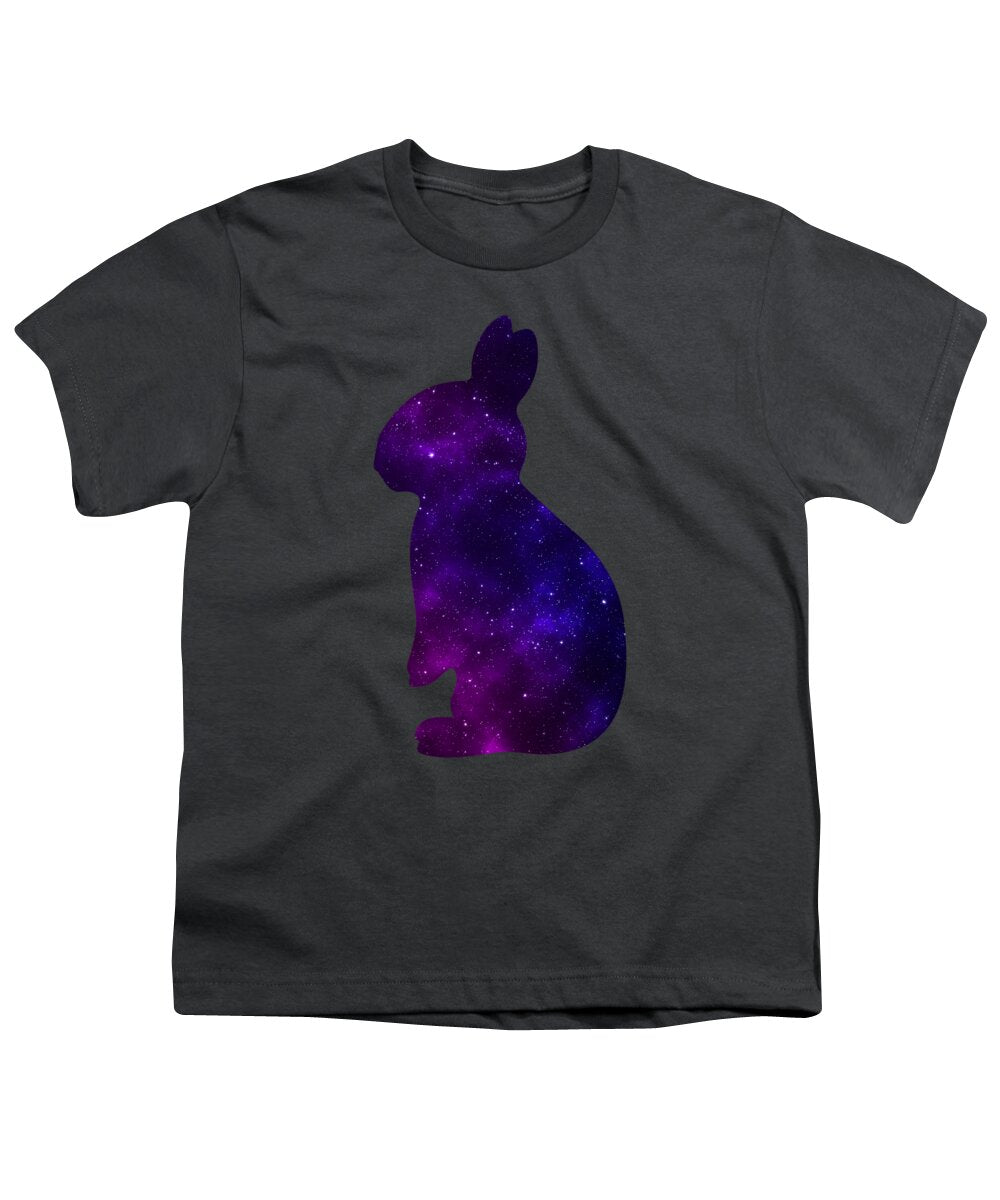 Charcoal youth t-shirt with purple galaxy-style rabbit silhouette graphic on front