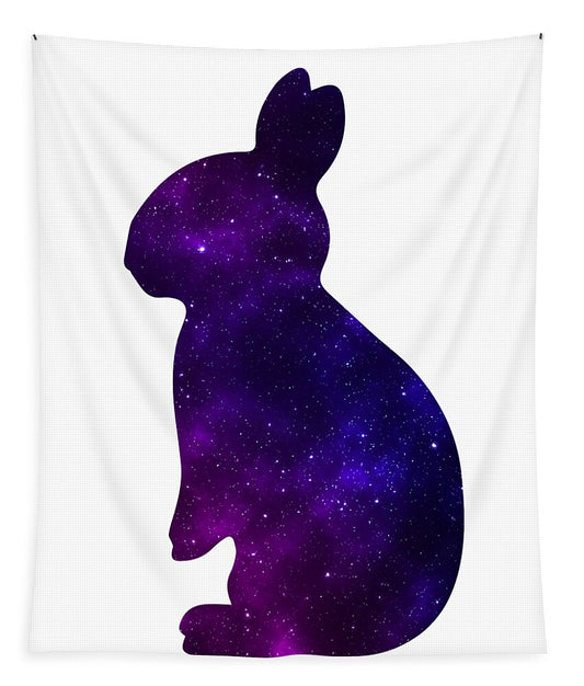 Galaxy purple rabbit silhouette tapestry, standing side view.