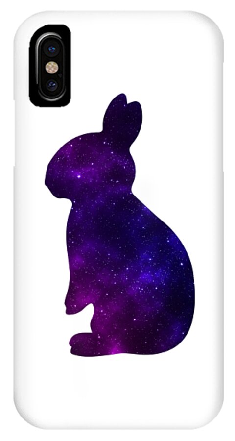 Phone case with white backing and purple galaxy rabbit silhouette, centered view and vertical camera cutout