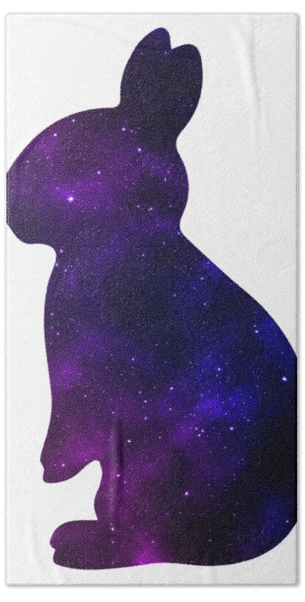 Bath towel featuring a dark purple speckled bunny silhouette, full-size graphic