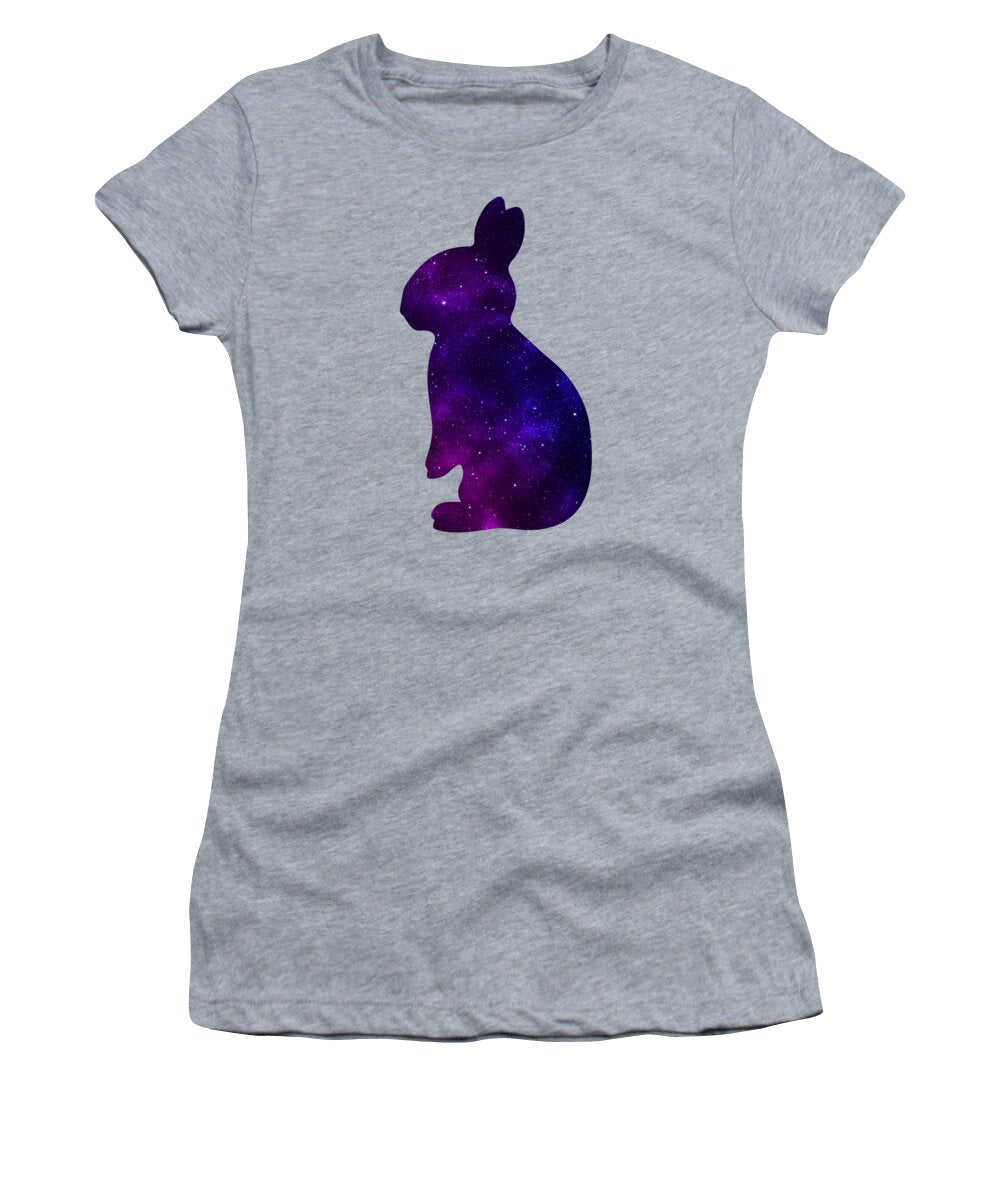 Women’s T-shirt in heather gray with purple galaxy rabbit graphic on front