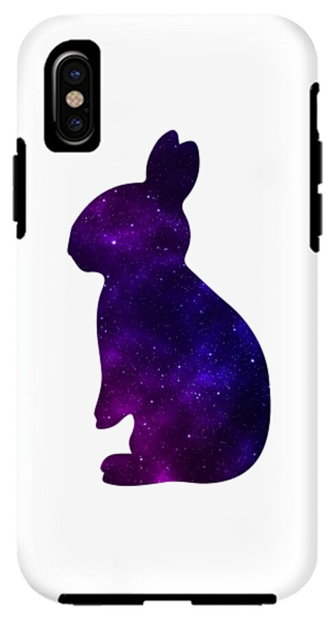 Phone case with white backing and purple galaxy rabbit silhouette, vertical camera near top-left