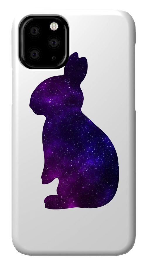 White phone case showing purple galaxy rabbit silhouette and quad camera cutout