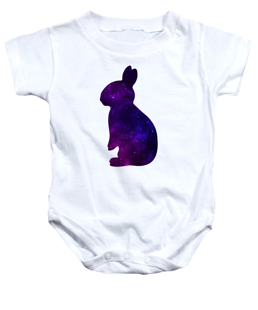 White baby onesie with purple galaxy bunny silhouette graphic