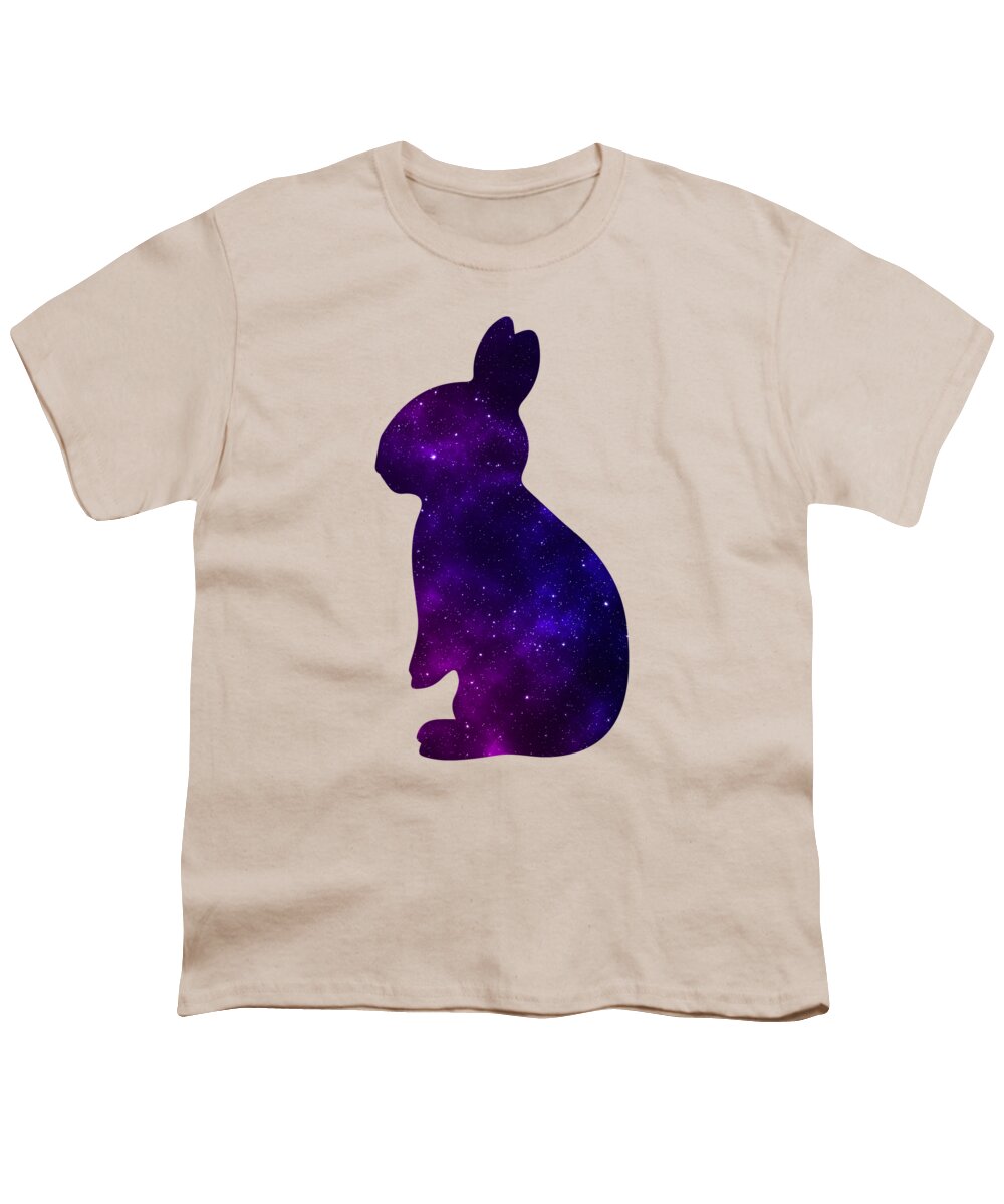 Cream youth t-shirt with purple galaxy-style rabbit silhouette graphic on front