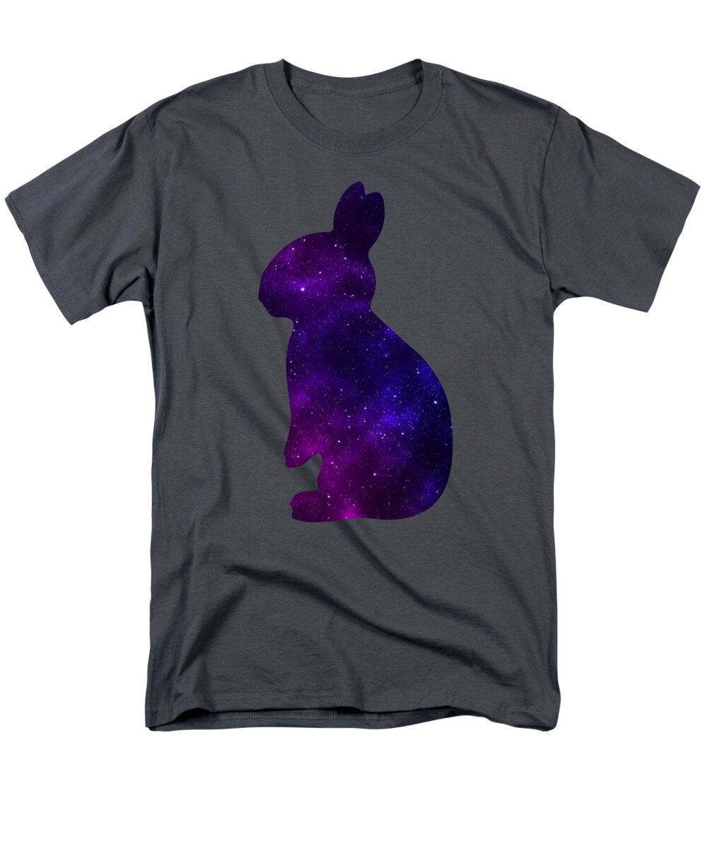 Charcoal gray men’s t-shirt with purple galaxy rabbit silhouette graphic on the chest.