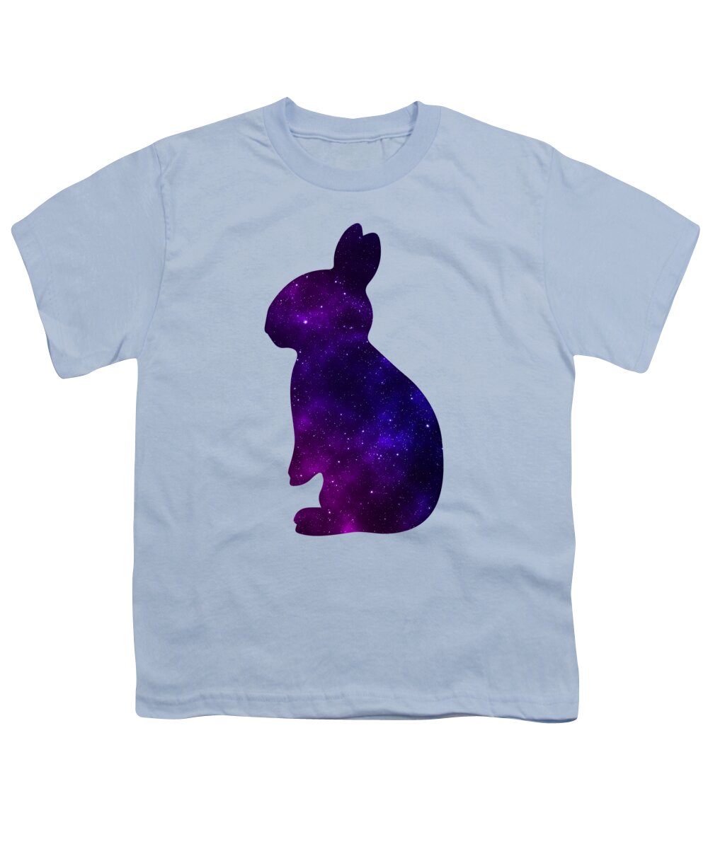 Youth light blue T-shirt with purple galaxy bunny silhouette graphic on front