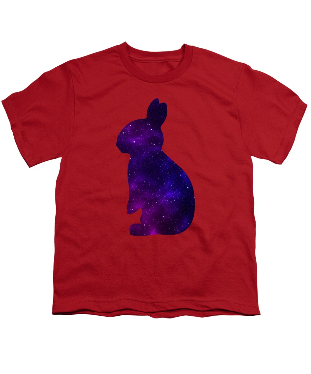Youth red T-shirt with purple galaxy bunny silhouette graphic on front