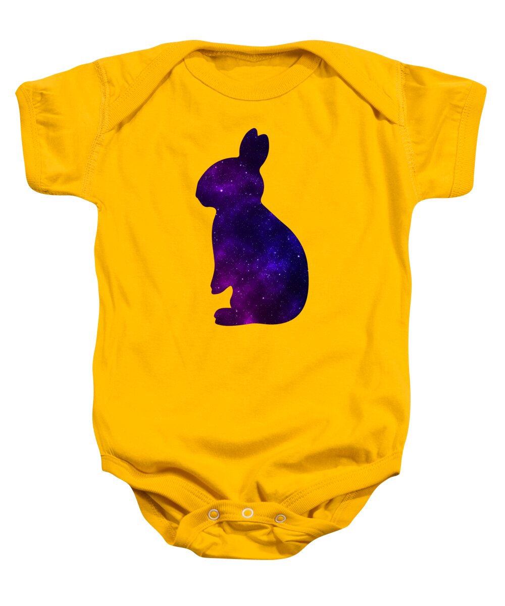Gold baby onesie with purple galaxy bunny silhouette front graphic