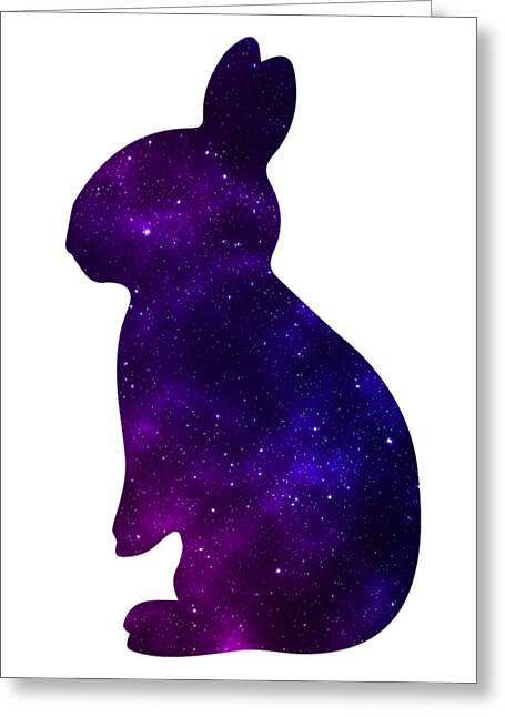 Valentine greeting card with purple galaxy rabbit silhouette on white front