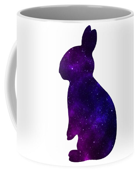 White ceramic mug with purple galaxy rabbit silhouette on front