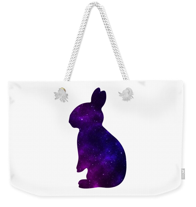 White weekender tote bag with purple galaxy bunny and white rope handles