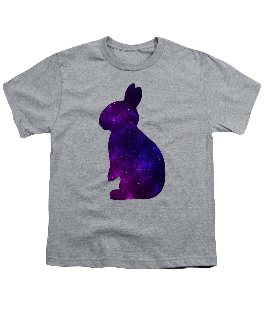 Heather gray youth t-shirt with purple galaxy-style rabbit silhouette graphic on front