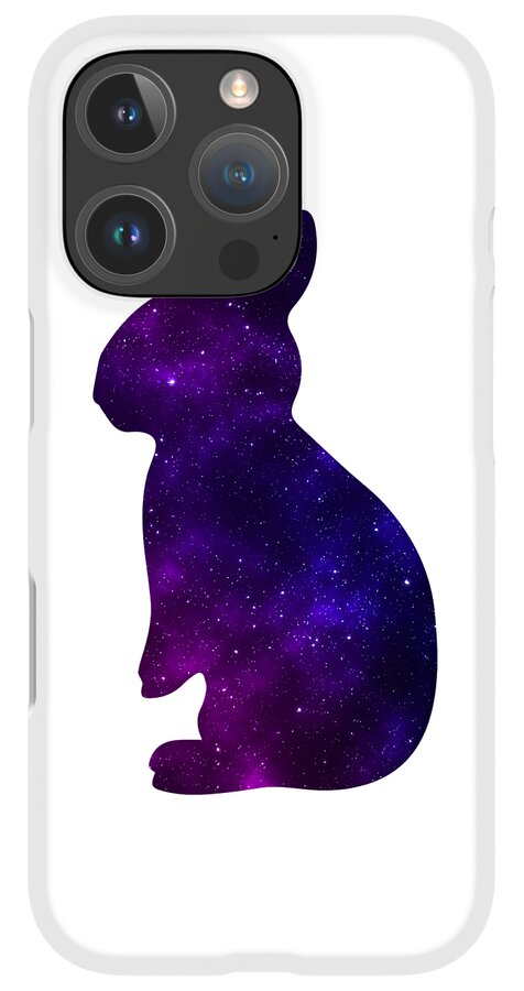 Phone case with white backing and purple galaxy rabbit silhouette, top-left triple-lens camera cutout