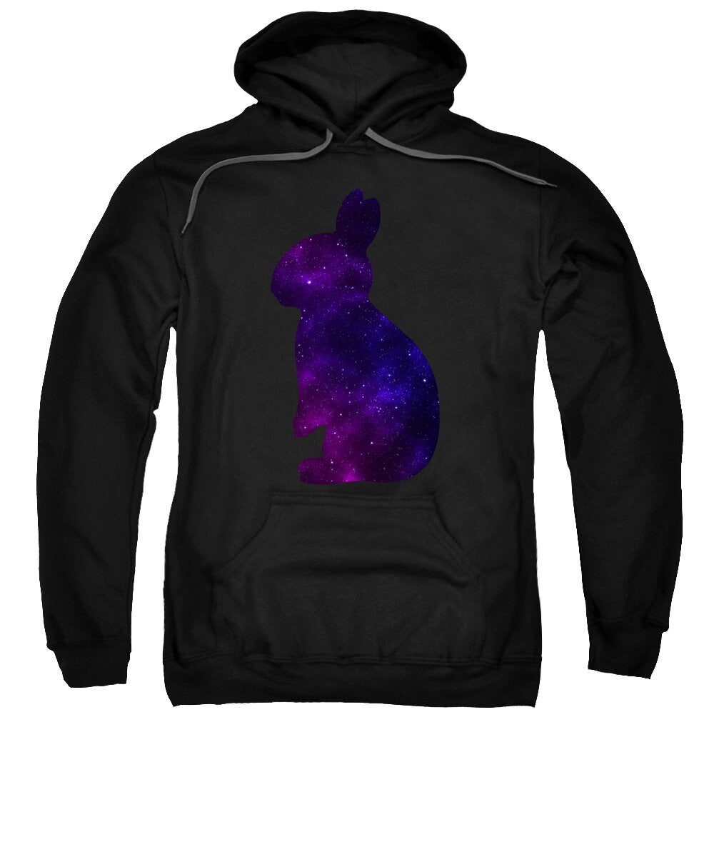 Black pullover hoodie sweatshirt with purple galaxy rabbit graphic and front kangaroo pocket