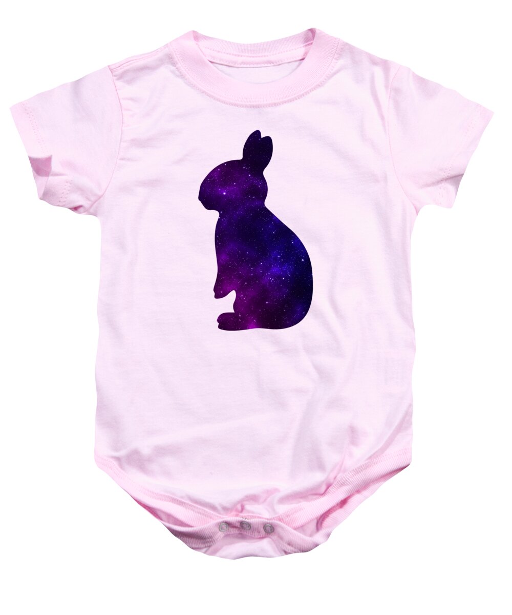 Pink baby onesie with purple galaxy bunny silhouette front graphic