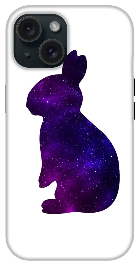 White phone case with purple galaxy rabbit graphic and camera lens cutouts