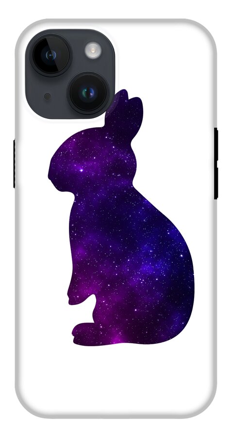 Phone case with purple galaxy rabbit silhouette and gray top panel with camera cutouts.