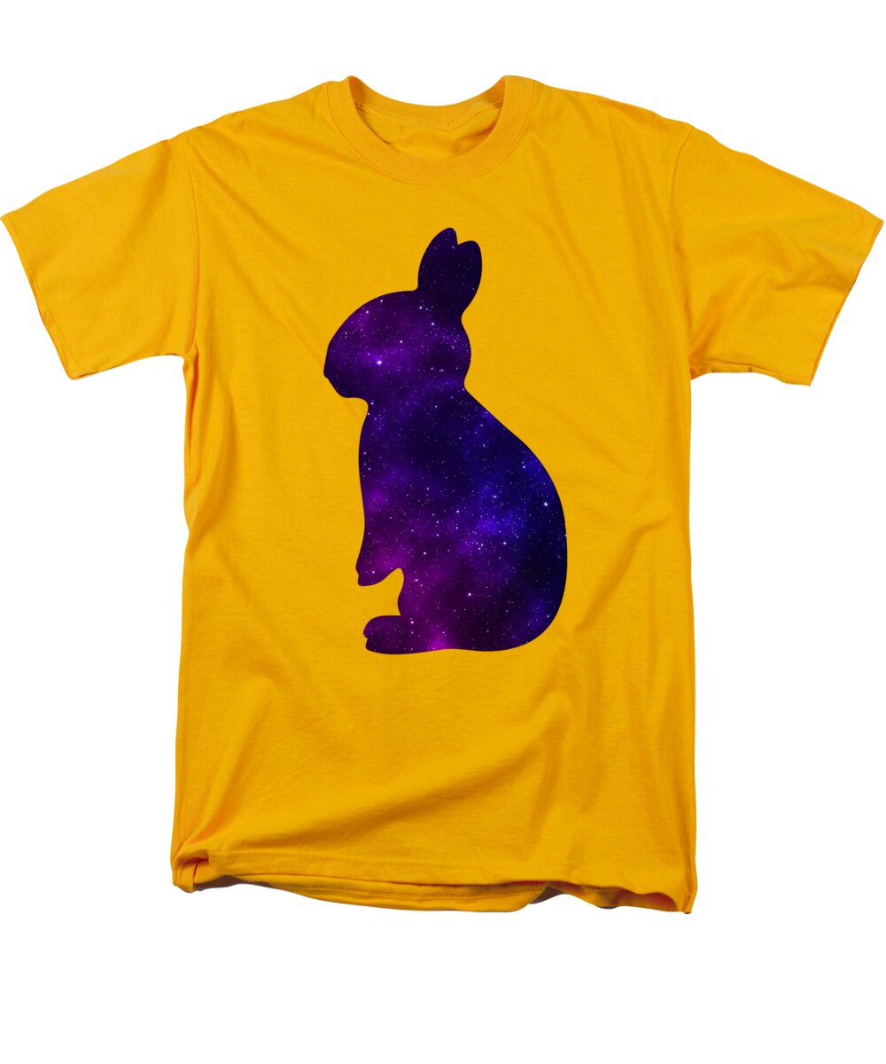 Yellow men’s t-shirt with purple galaxy rabbit silhouette graphic on the chest.