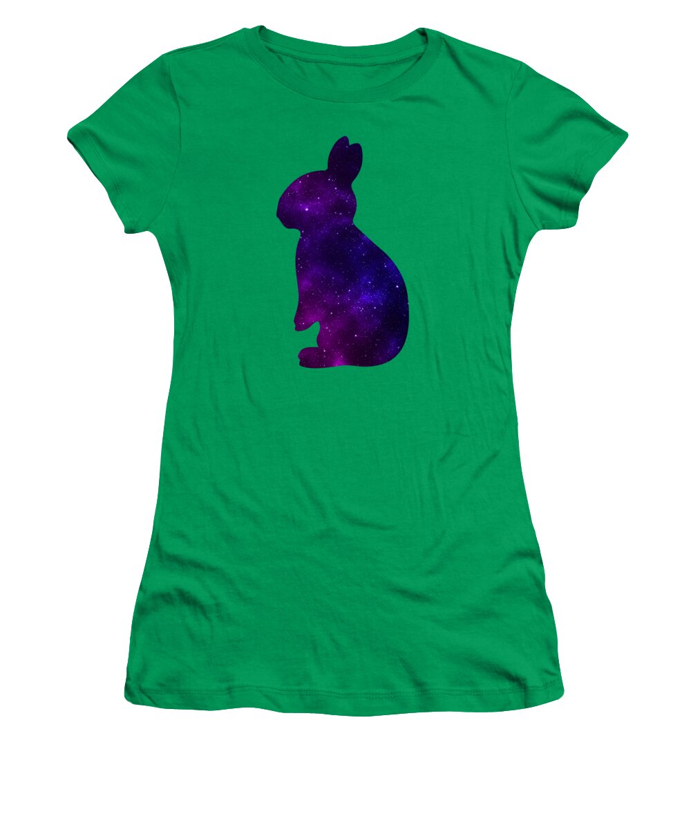 Women’s T-shirt in kelly green with purple galaxy rabbit graphic on front